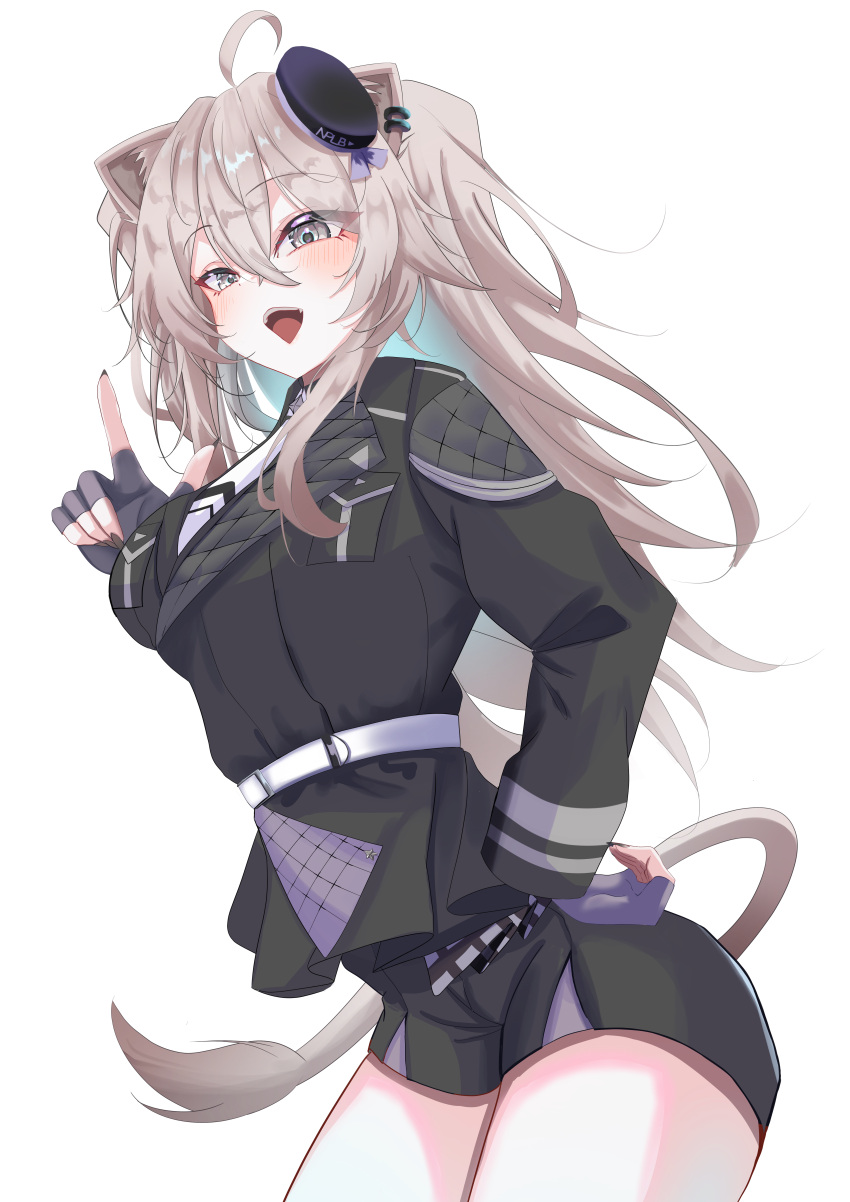 1girl, absurdres, ahoge, animal_ears, black_gloves, black_hat, black_jacket, black_shorts