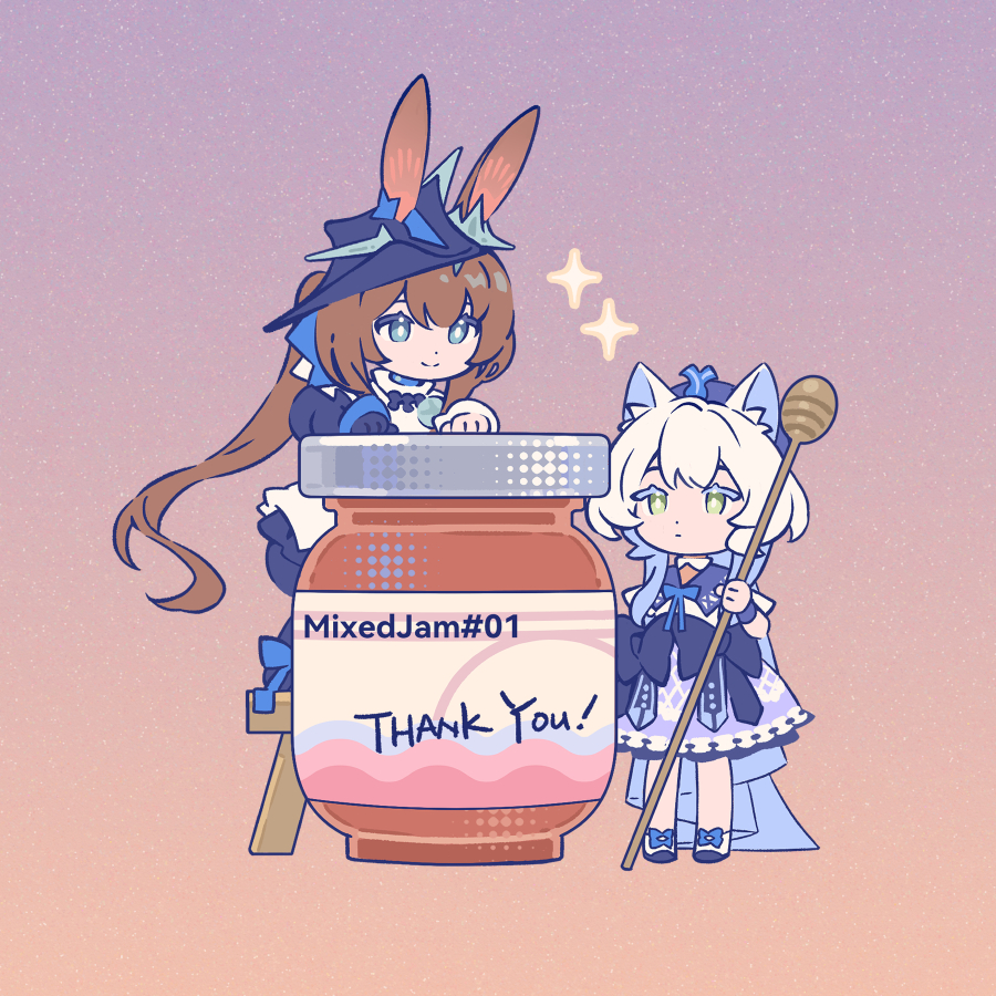 2girls, amiya_(arknights), amiya_(guard)_(arknights), amiya_(guard)_(in_a_myriad_of_universes)_(arknights), animal_ears, arknights, black_hat, blue_eyes
