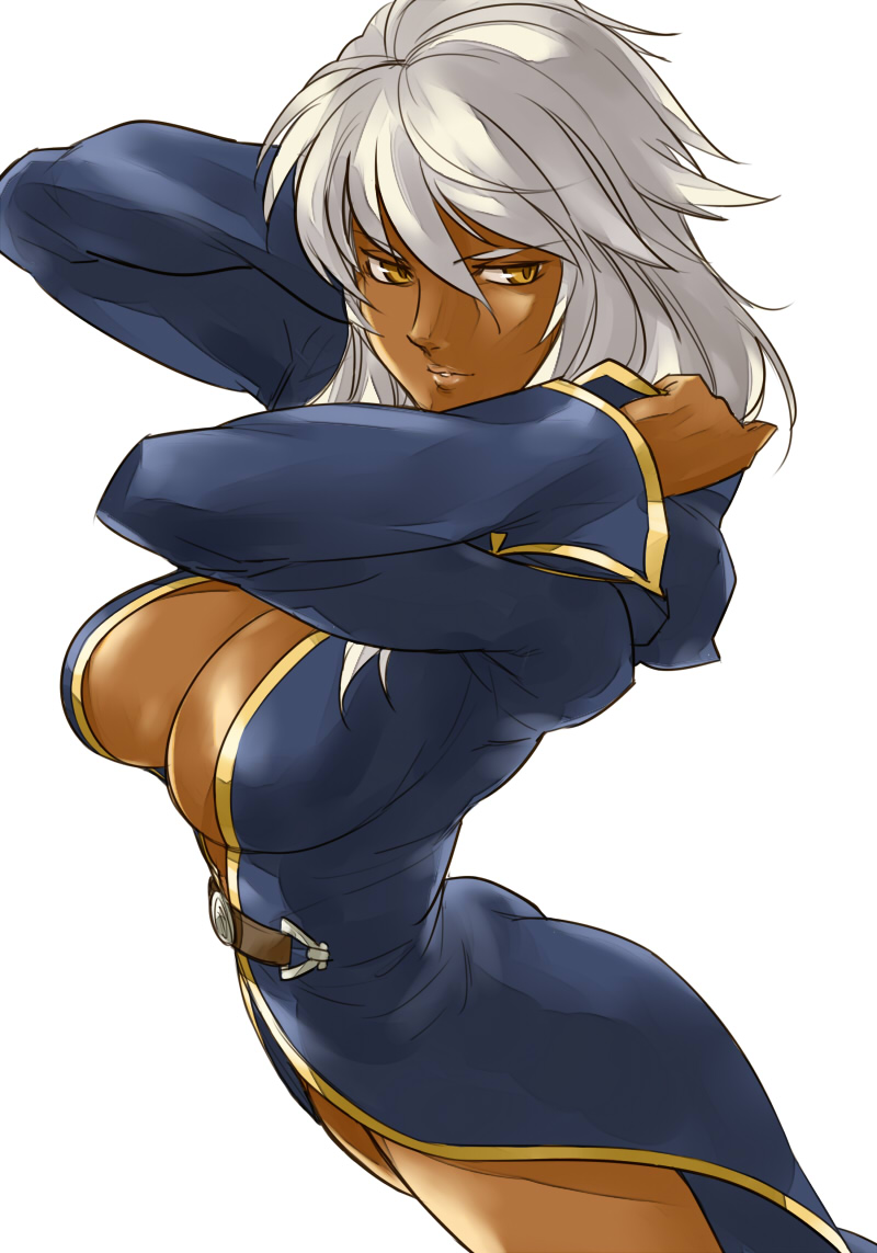 brown_eyes, cleavage, dark_skin, gus_(clarkii), hoodie, large_breasts, lips, long_hair