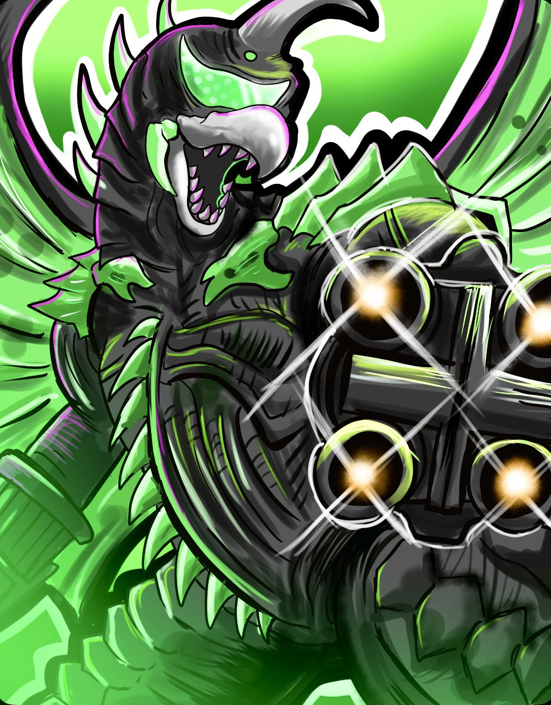 armor, assault_visor, circular_saw, commentary_request, cyborg, fangs, gatling_gigan, gatling_gun, giant, giant_monster, gigan, godziburst, godzilla_(series), green_assault_visor, gun, highres, horns, jaw, kaiju, machine_gun, minigun, monster, no_humans, open_mouth, sakuri_godzilla, saw, sharp_teeth, spiked_tail, spikes, spines, tail, teeth, tokusatsu, weapon, windshield, wings