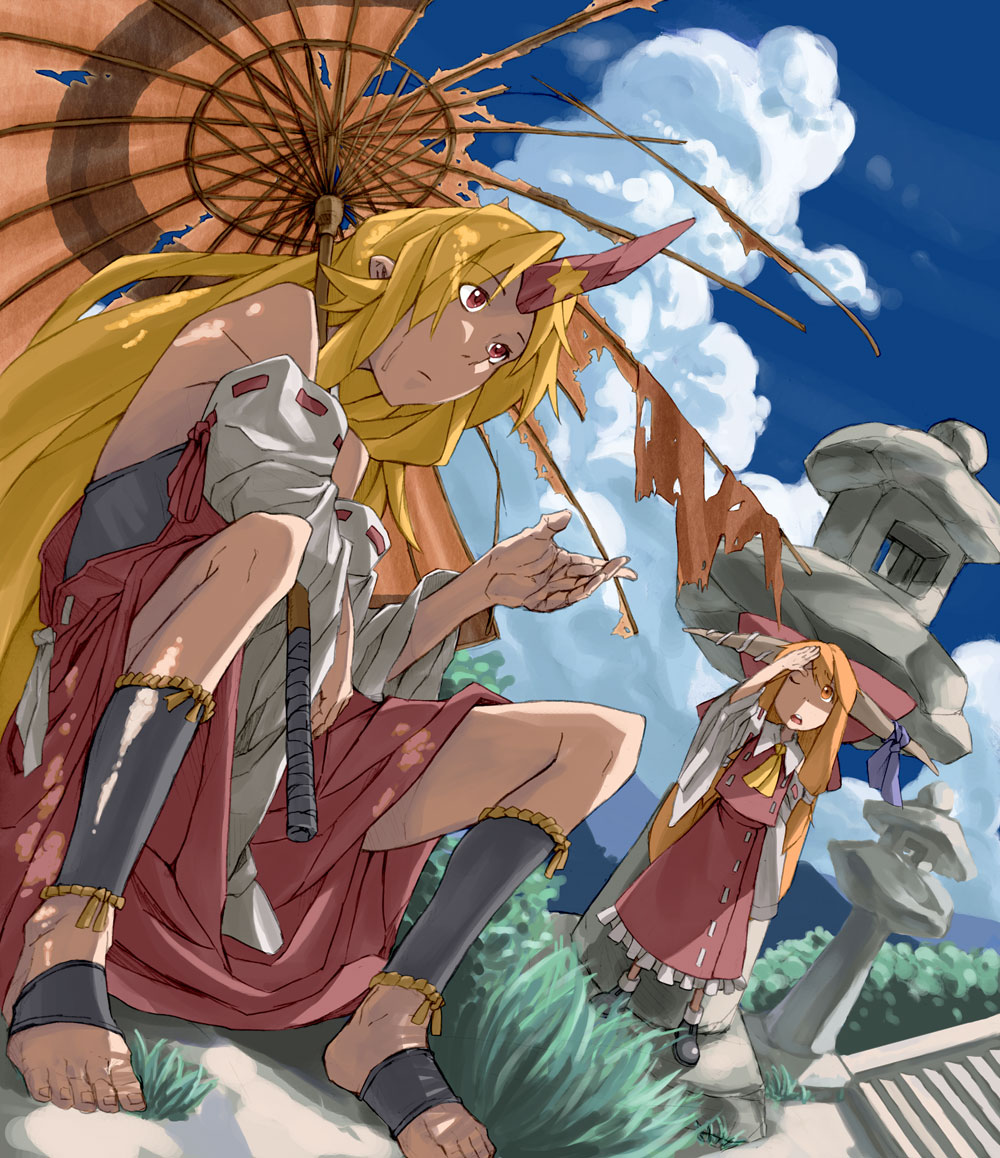 barefoot, blonde_hair, bow, broken_umbrella, cloud, cosplay, detached_sleeves, dutch_angle