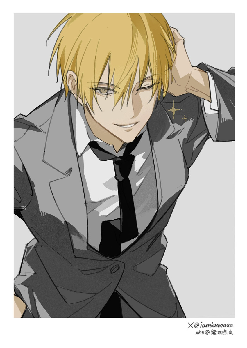 1boy, black_necktie, blazer, blonde_hair, collared_shirt, commentary, grey_background, grey_eyes