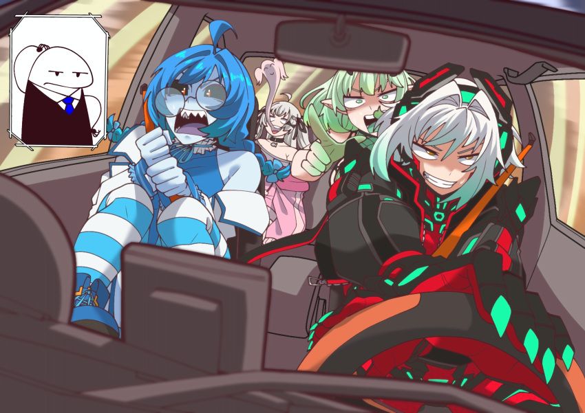 1boy, 4girls, ahoge, alien_mixture, binsake6969, black_sclera, blue_hair, blue_skin, bodysuit, car, closed_mouth, colored_sclera, colored_skin, commentary, driving, english_commentary, green_eyes, green_hair, grey_hair, highres, looking_at_viewer, motor_vehicle, multiple_girls, pointing, pointing_at_viewer, red_bodysuit, sharp_teeth, smile, snoozy_(vtuber), socks_agency, soul, teeth, yellow_eyes, yomi_quinnley, zentreya, zentreya_(cyborg), zentreya_(cyborg)_(1st_costume)