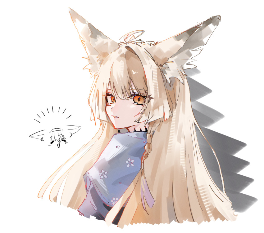 2girls, absurdres, animal_ears, arknights, blonde_hair, fox_ears, fox_girl, highres, long_hair, looking_at_viewer, moume_a, multiple_girls, orange_eyes, parted_lips, simple_background, suzuran_(arknights), vulpisfoglia_(arknights), vulpisfoglia_(out_of_focus)_(arknights), white_background