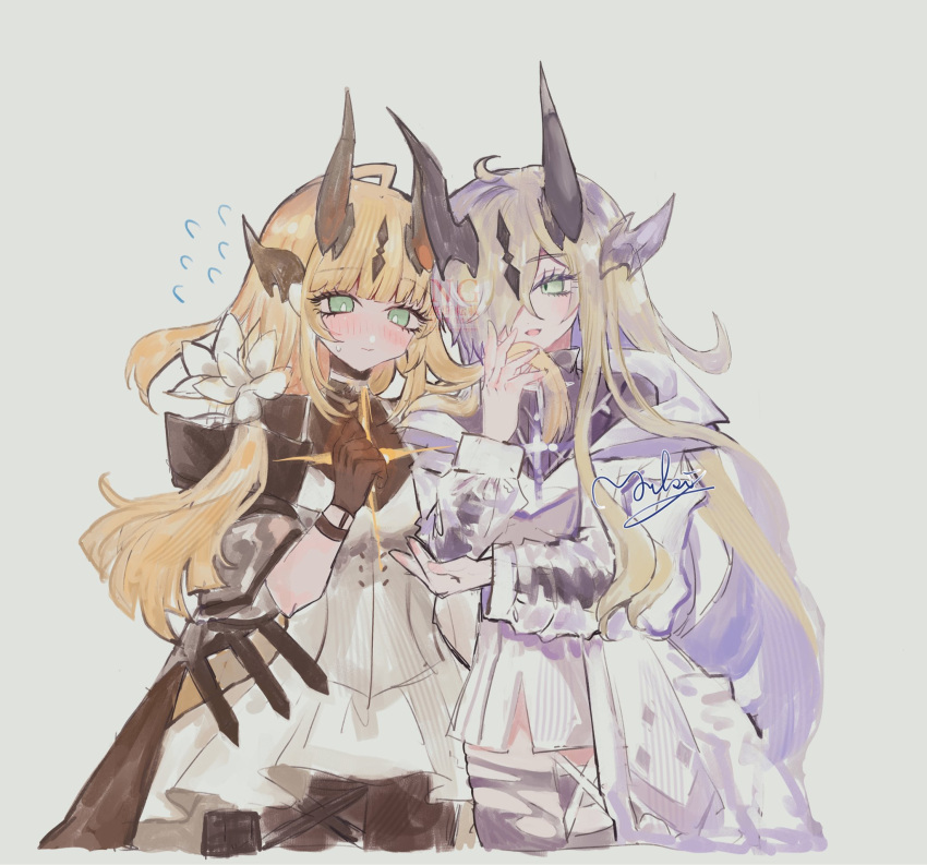 2girls, ahoge, arknights, black_gloves, black_shirt, black_thighhighs, blonde_hair, bodystocking