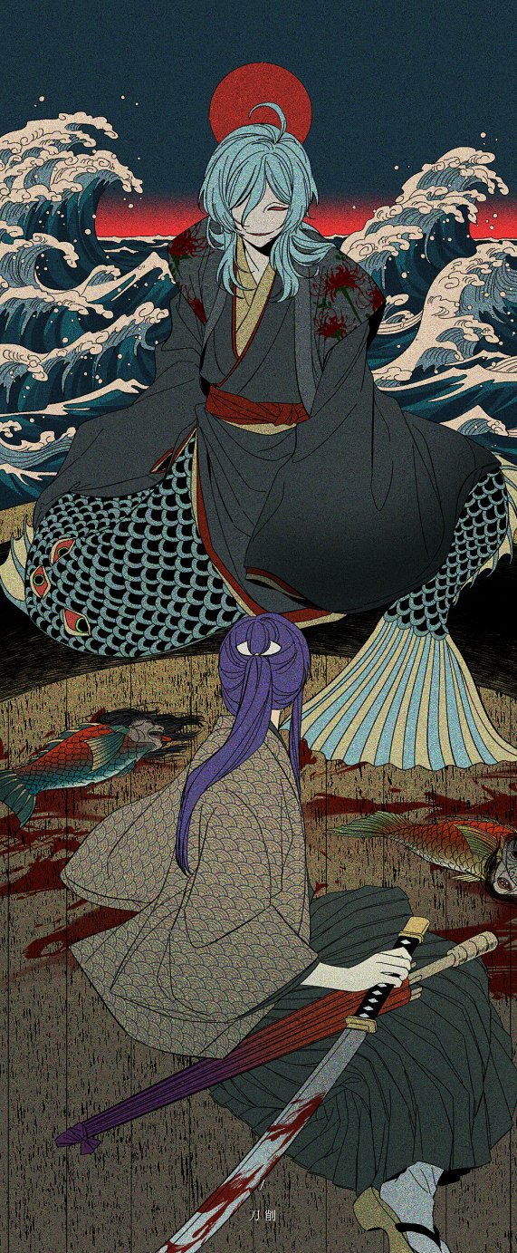 2boys, ahoge, alternate_costume, aqua_hair, black_kimono, blood, blood_on_weapon, brown_kimono