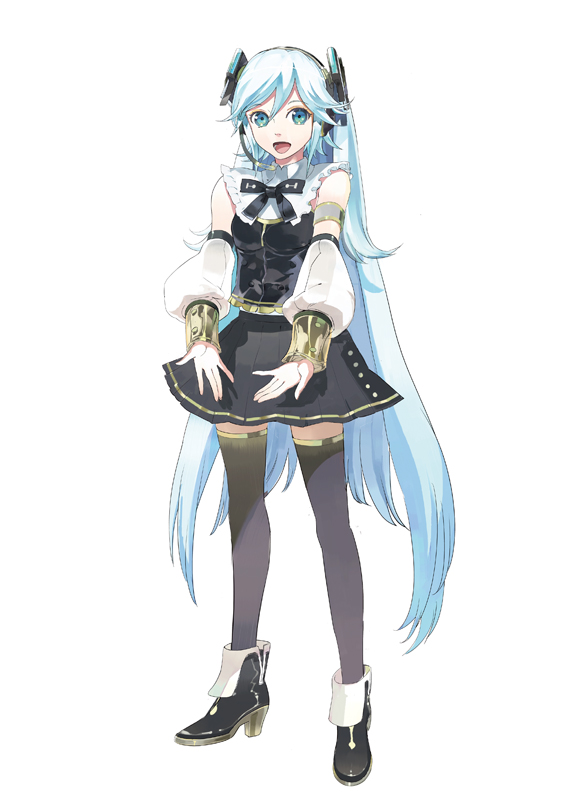 ankle_boots, armlet, bangs, black_legwear, blue_eyes, blue_hair, bow, detached_sleeves