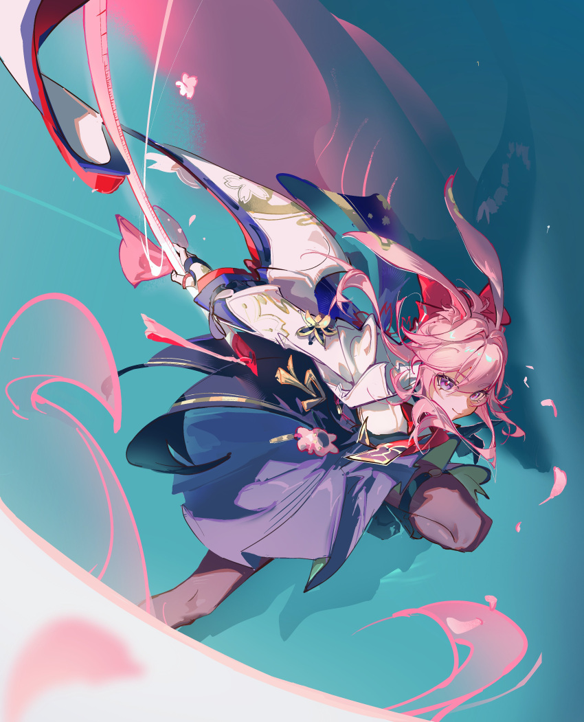 1girl, absurdres, blue_background, bow, bowtie, charm_(object), commentary, evanescia_(honkai:_star_rail)