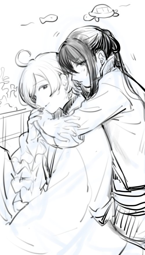 2boys, ahoge, arms_around_neck, closed_mouth, commentary_request, earrings, ensemble_stars!, fish