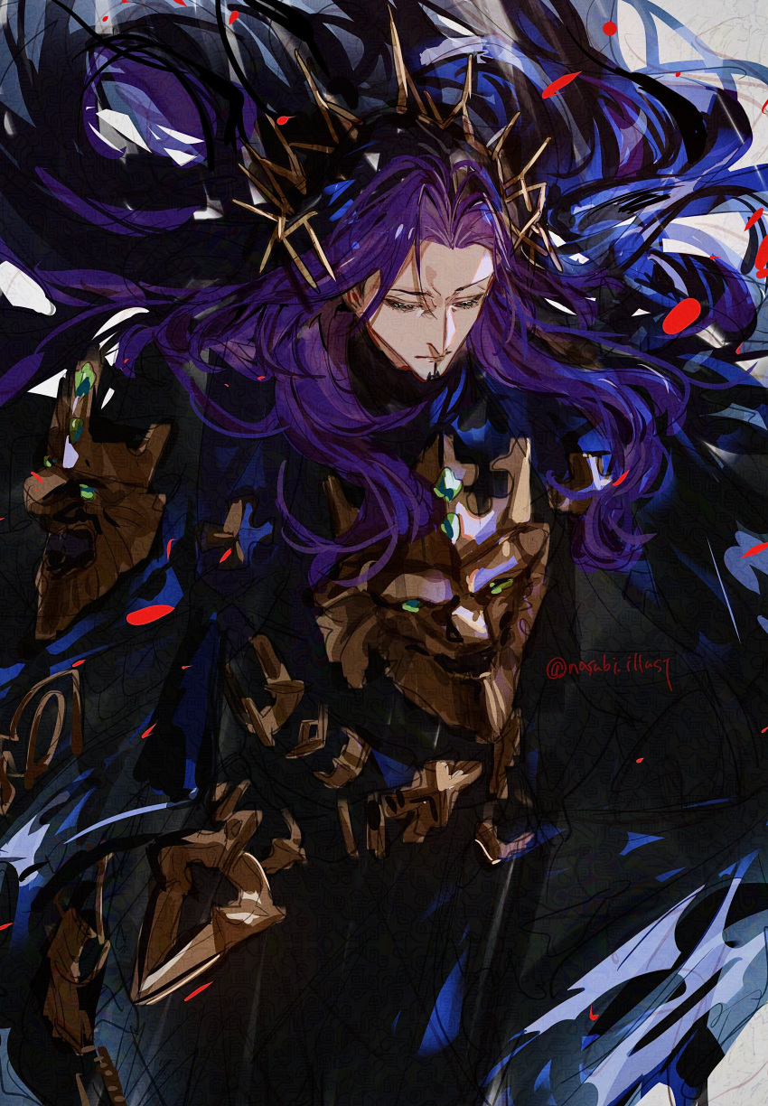 1boy, absurdres, armor, commentary, crown, facial_hair, falling_petals, fate/grand_order