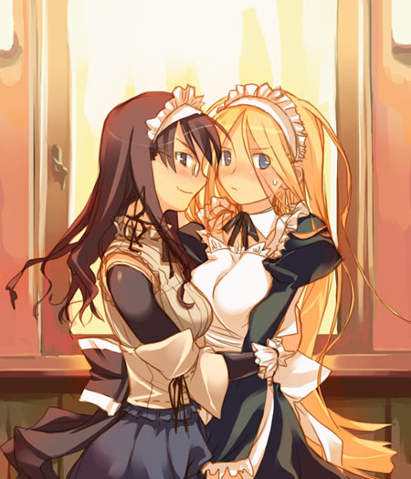 apron, blonde_hair, blue_eyes, blush, brown_eyes, brown_hair, glasses, hug