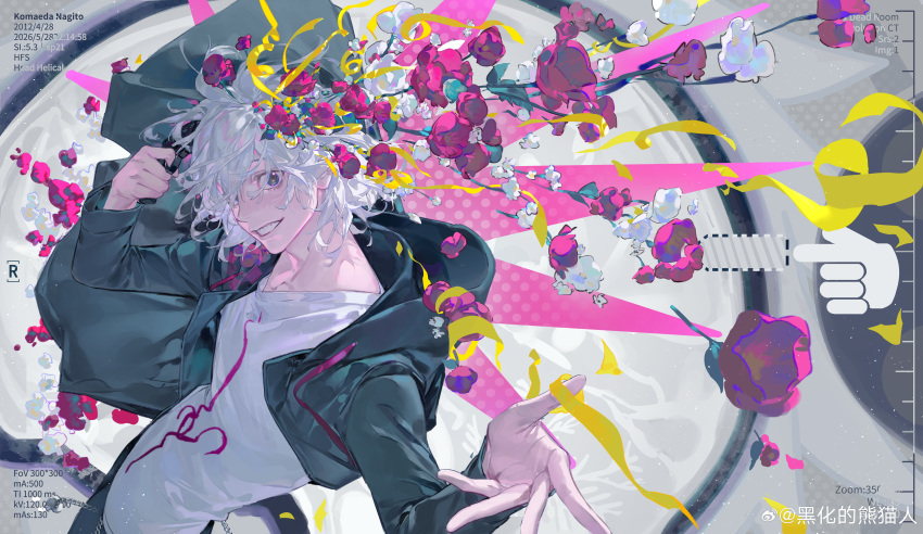 1boy, absurdres, character_name, clenched_teeth, coat, commentary, danganronpa_(series), danganronpa_2:_goodbye_despair