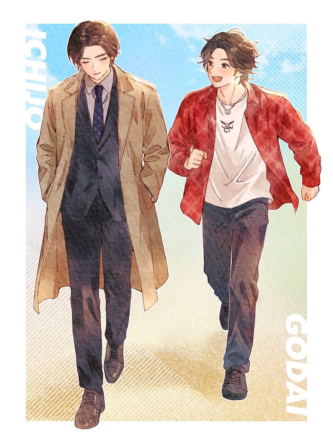 2boys, animification, black_pants, black_shoes, black_socks, blush, brown_coat, brown_hair