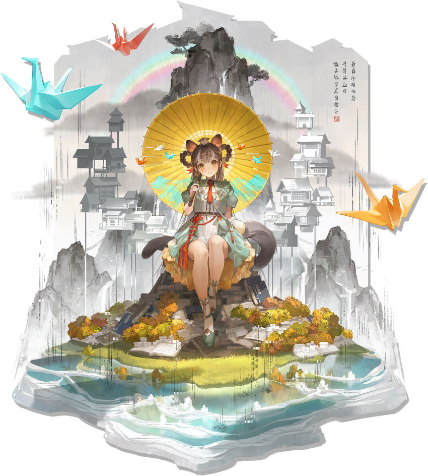 1girl, animal_ears, aqua_dress, architecture, arknights, bird, braid, braided_hair_rings