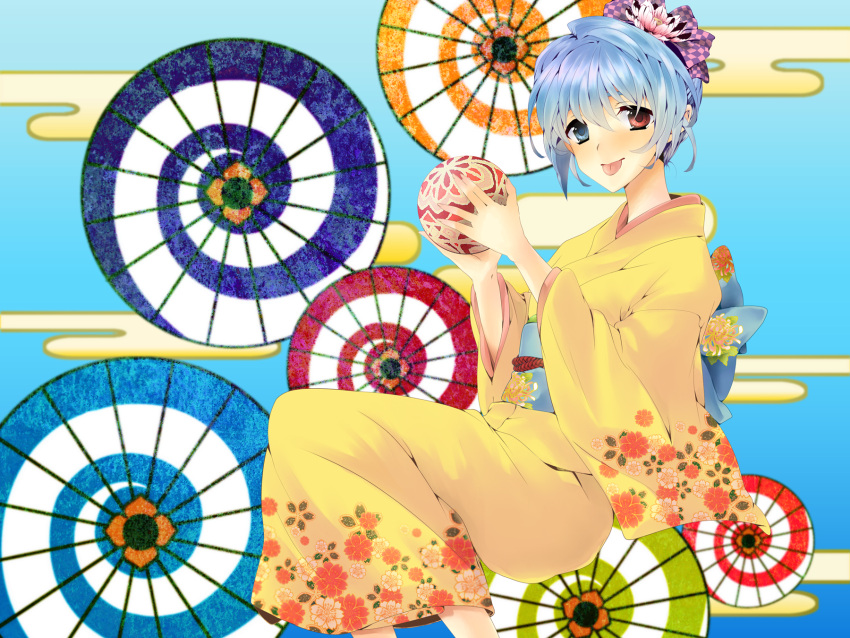 :p, ball, blue_eyes, blue_hair, egasumi, flower, hair_flower, hair_ornament
