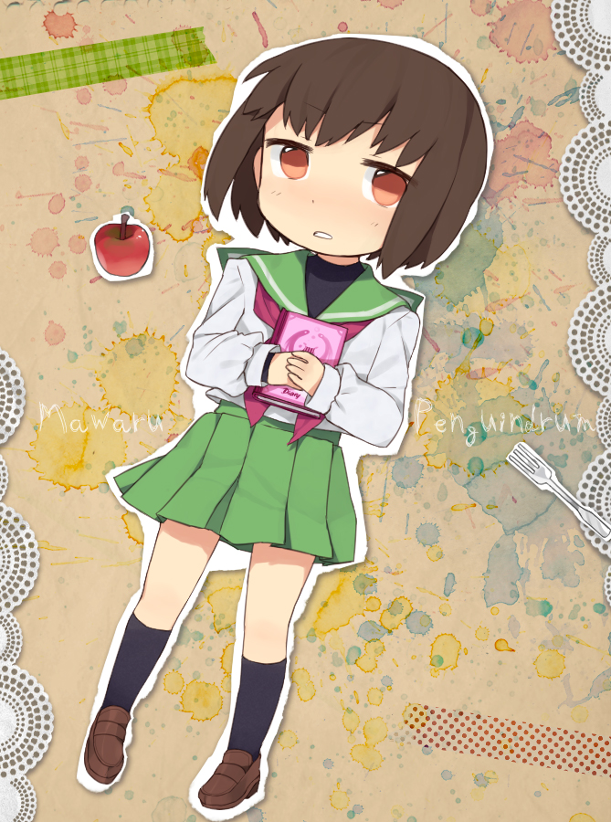 apple, bad_id, black_legwear, brown_eyes, brown_hair, chibi, cutout, diary