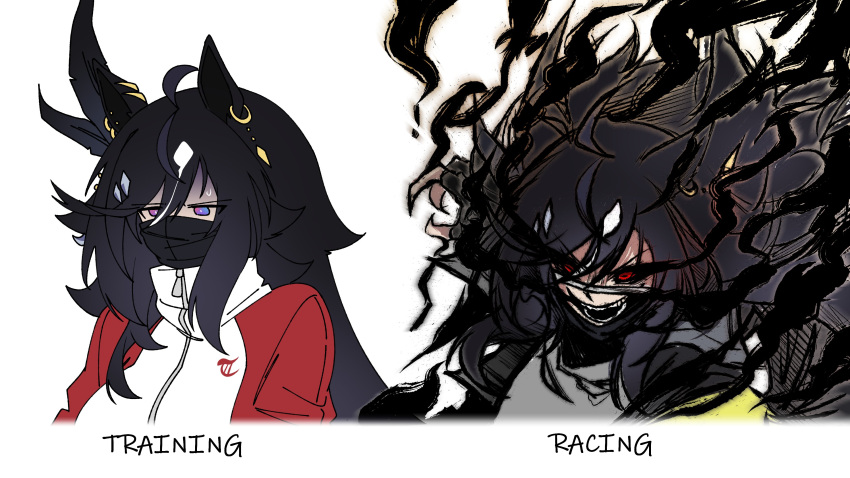 absurdres, animal_ears, black_hair, commentary, ear_tag, earrings, english_commentary, evil_smile