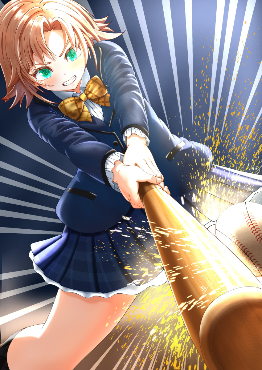 1girl, absurdres, ball, baseball_(object), baseball_bat, blazer, blue_jacket, blue_skirt