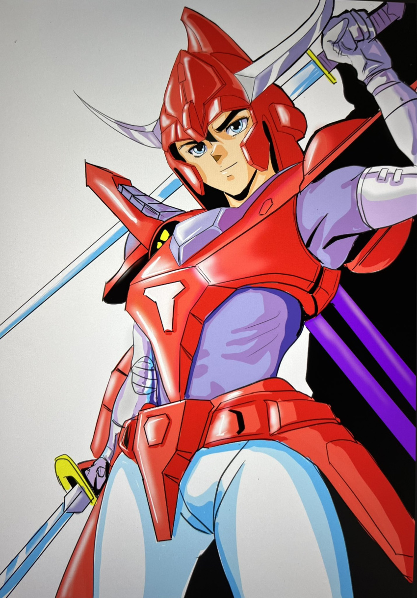 1boy, armor, black_hair, blue_eyes, closed_mouth, commentary, cowboy_shot, dual_wielding, elbow_gloves, genjiro2024, gloves, hand_up, helmet, highres, holding, holding_behind_back, holding_sword, holding_weapon, holding_weapon_behind_back, male_focus, multiple_swords, pants, pauldrons, purple_shirt, red_armor, red_helmet, sanada_ryou, sheath, shirt, short_hair, shoulder_armor, skin_tight, smile, solo, standing, sword, unsheathed, weapon, white_gloves, white_pants, yoroiden_samurai_troopers