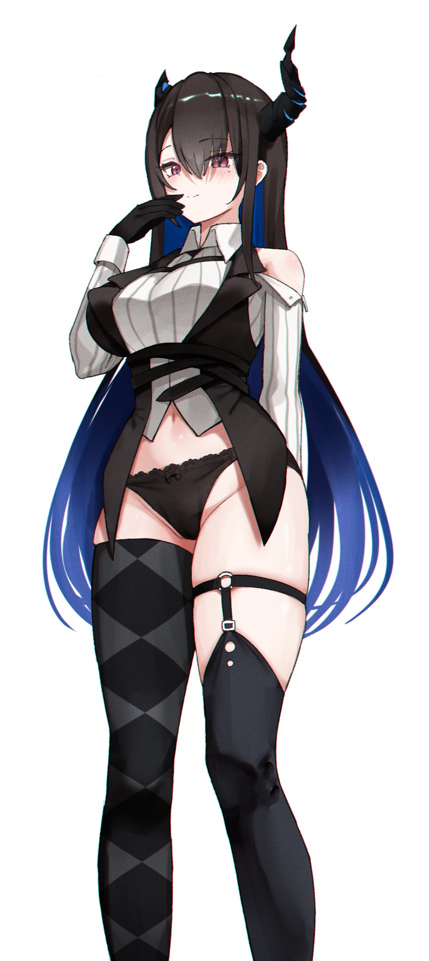 1girl, argyle_clothes, argyle_thighhighs, asymmetrical_horns, asymmetrical_legwear, black_gloves, black_hair, black_horns