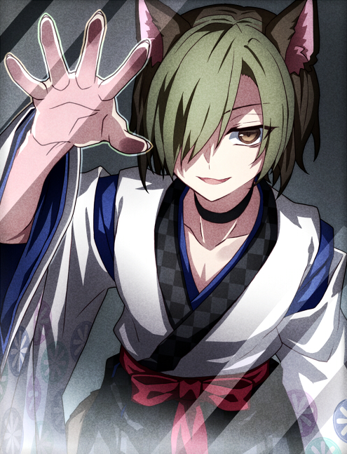 1boy, animal_ears, black_hair, black_tail, brown_eyes, checkered_clothes, choker, glass