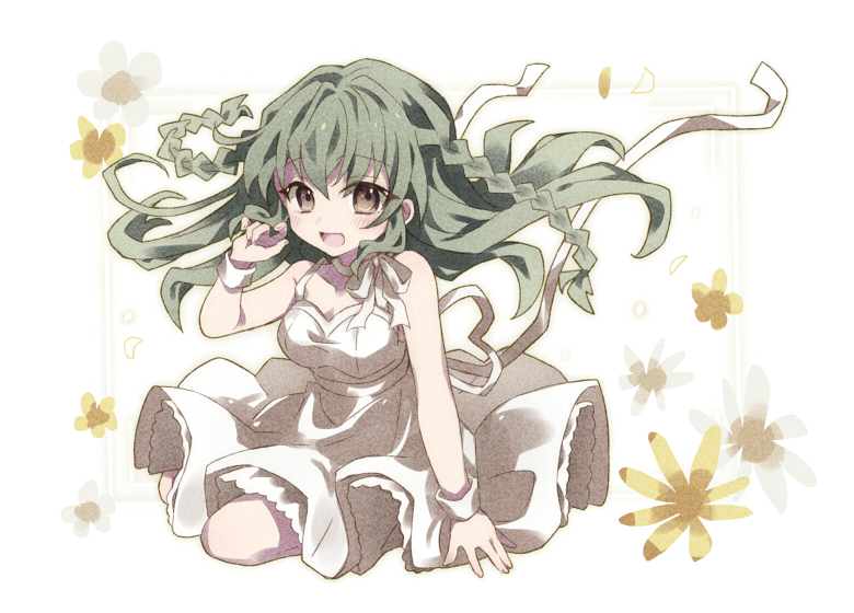 1girl, blush, braid, breasts, brown_eyes, commentary_request, dress, flower