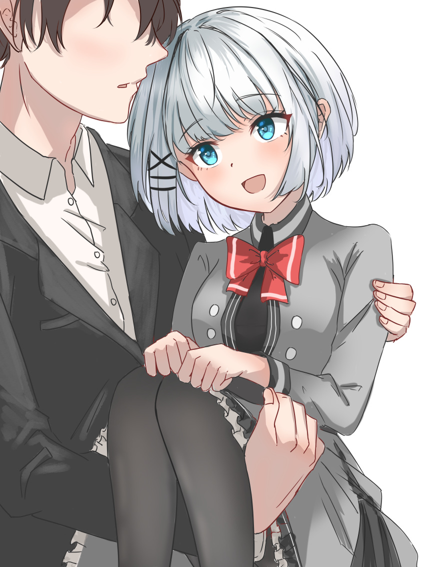 1boy, 1girl, absurdres, black_pantyhose, black_shirt, black_skirt, black_vest, blue_eyes