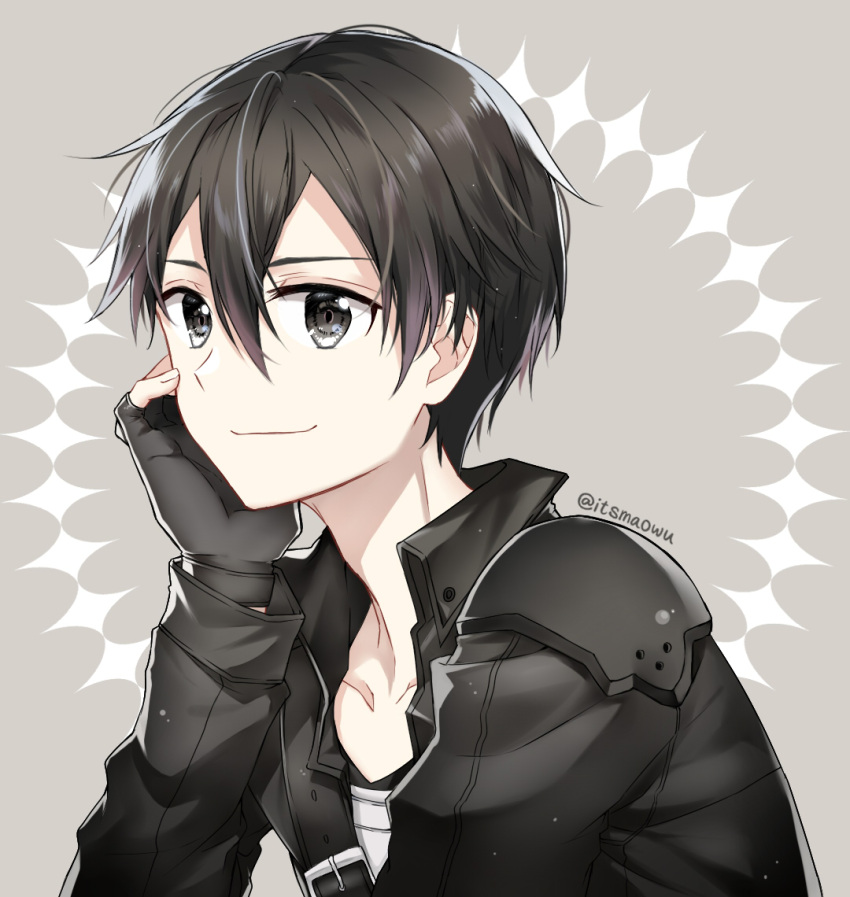 1boy, armor, armored_coat, artist_name, black_coat, black_gloves, black_hair, black_shirt