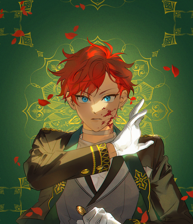 1boy, amagi_hiiro, blood, blood_on_face, blue_eyes, choker, commentary, english_commentary, ensemble_stars!, fair_waltz_(ensemble_stars!), hands_up, layered_sleeves, looking_at_viewer, male_focus, official_alternate_costume, parted_lips, petals, ran_(ckgr5884), red_hair, red_petals, short_hair, solo, upper_body, white_choker