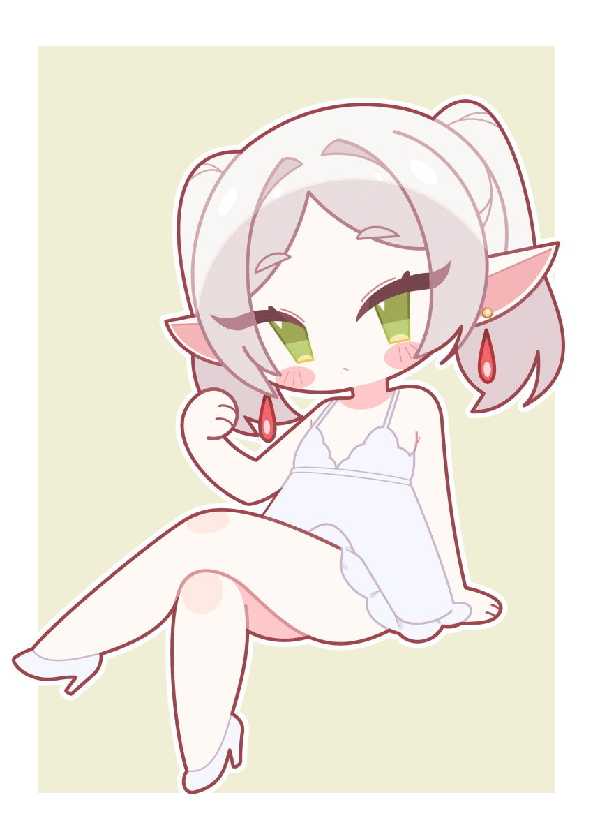 1girl, absurdres, arm_support, blush_stickers, border, chibi, chibi_only, closed_mouth