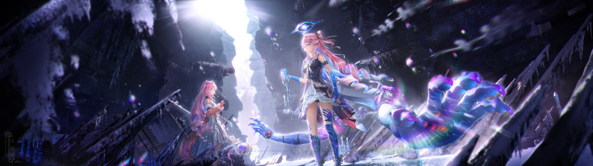 2girls, absurdres, bare_shoulders, blue_hair, colored_extremities, colored_inner_hair, commentary, denia_(wuthering_waves)