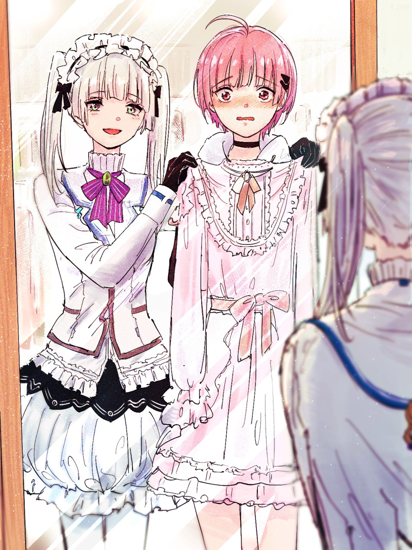 2girls, :d, ahoge, blunt_bangs, blurry, blush, bow, bowtie, clothes_in_front, commentary_request, d:, depth_of_field, dress, embarrassed, frilled_hairband, frills, full-length_mirror, green_eyes, hair_ornament, hairband, heaven_burns_red, highres, holding, holding_unworn_clothes, holding_unworn_dress, imminent_forced_dressing, kulfiq, lolita_fashion, lolita_hairband, mirror, multiple_girls, nose_blush, ooshima_minori, pantyhose, purple_bow, red_hair, reflection, reflection_focus, ribbon, shirt, short_hair, skirt, smile, standing, sugawara_chie, trying_on_clothes, twintails, unworn_dress, white_hair, white_pantyhose, white_shirt