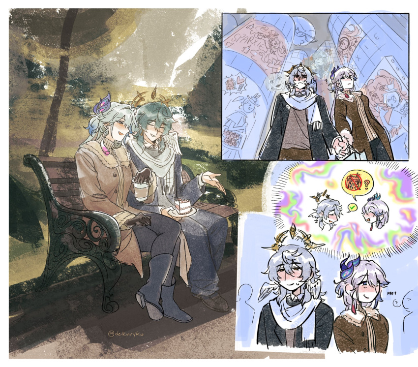 1boy, 2girls, alternate_costume, bench, billboard, blush, boots, cake