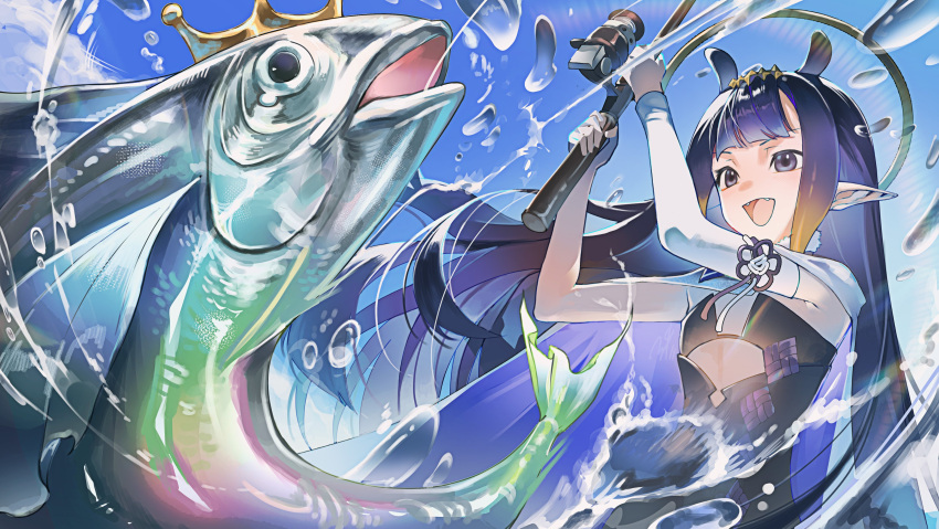 1girl, :d, absurdres, bird, black_dress, blue_sky, blunt_bangs, bubble
