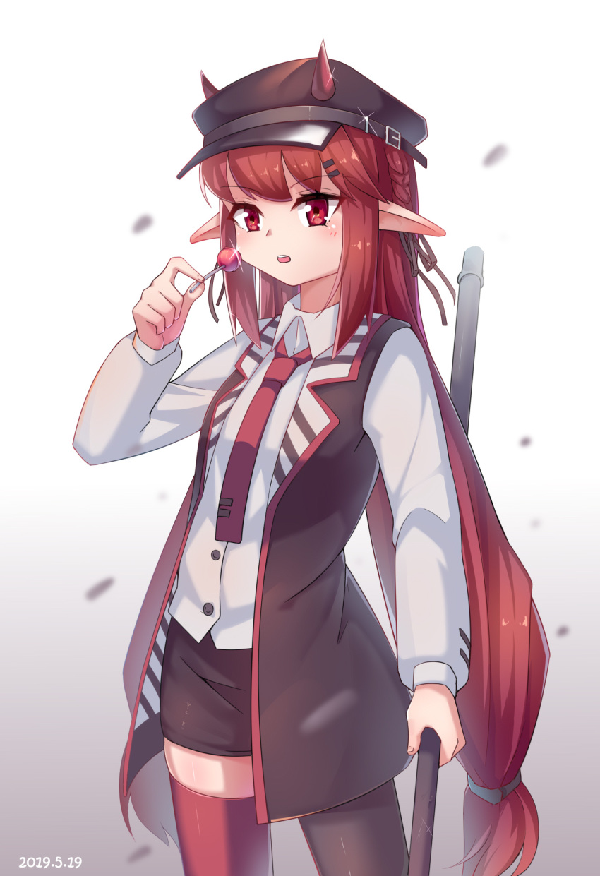 1girl, arknights, asymmetrical_legwear, black_hat, black_jacket, black_skirt, black_thighhighs, black_vest