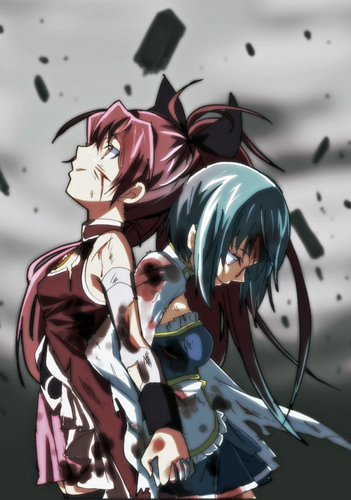 back-to-back, bare_shoulders, black_legwear, blood, blue_eyes, blue_hair, bow, cape