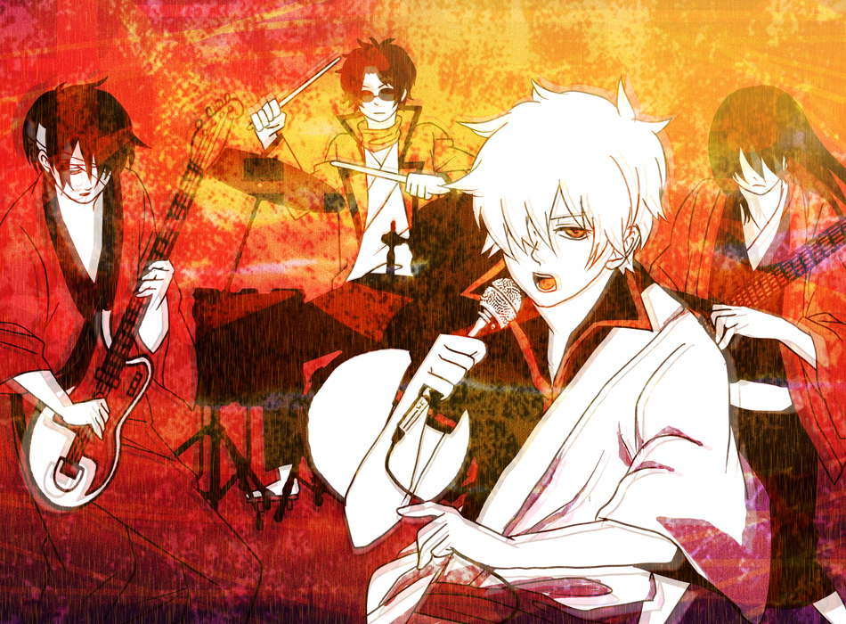black_hair, eyepatch, gintama, glasses, guitar, instrument, japanese_clothes, kimono