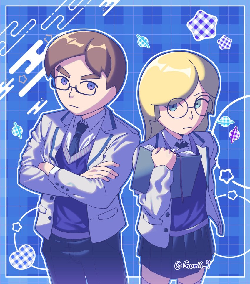 1boy, 1girl, blazer, blonde_hair, blue_background, blue_eyes, blue_necktie, blue_skirt