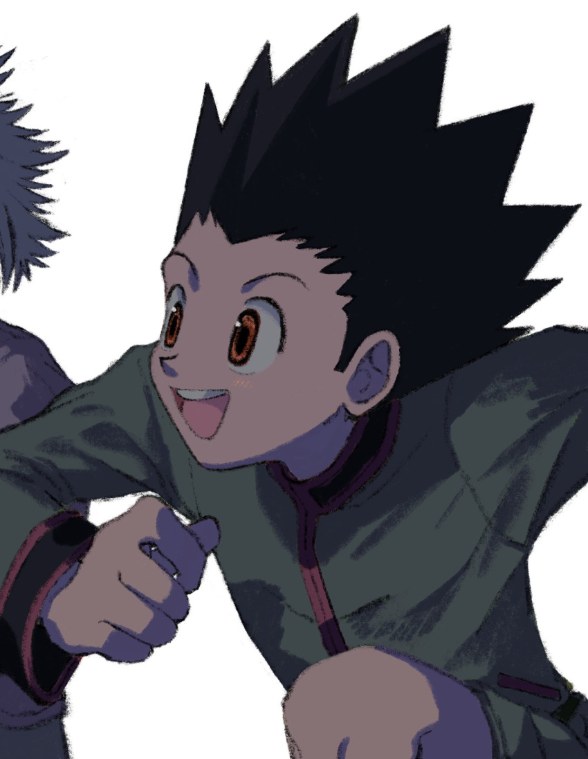 2boys, :d, black_hair, gon_freecss, green_jacket, green_shirt, green_shorts, highres