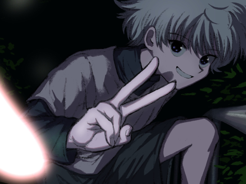 1boy, black_shorts, bush, grey_shirt, grin, highres, hunter_x_hunter, killua_zoldyck