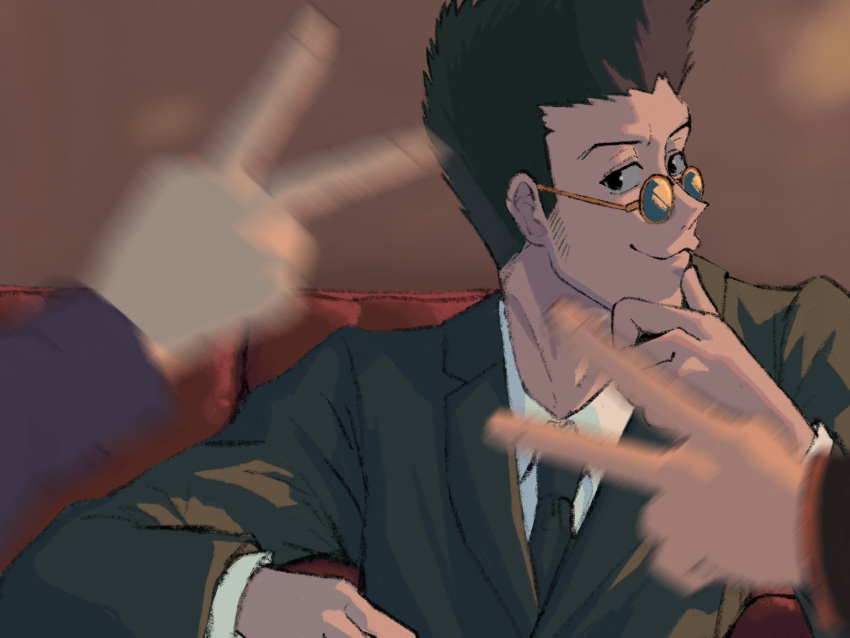 1boy, 2others, :3, black_hair, black_jacket, black_necktie, closed_mouth, collared_shirt