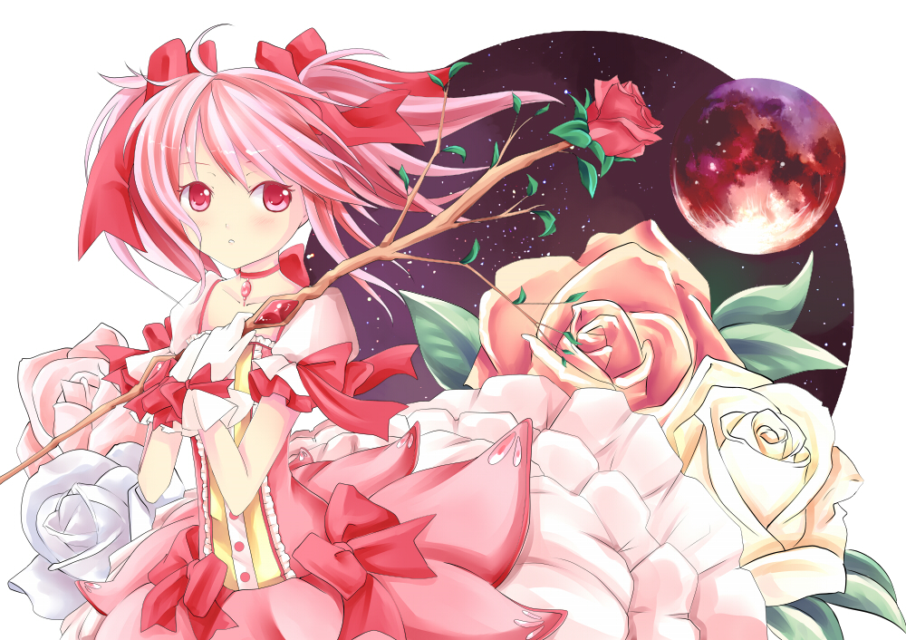 bow, bow_(weapon), choker, flower, full_moon, gloves, hair_bow, kaname_madoka