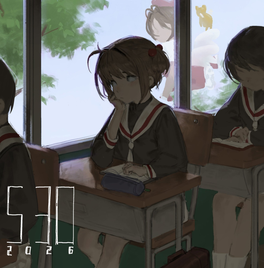 3girls, ahoge, bag, black_shirt, book, bow, brown_hair, cardcaptor_sakura, closed_mouth, dated, dress, faceless, faceless_female, green_eyes, guideoflothric1, hair_intakes, hand_on_own_chin, highres, indoors, kinomoto_sakura, kinomoto_sakura_(magician), looking_outside, multiple_girls, notebook, open_book, pink_dress, red_bow, sailor_collar, school_bag, school_uniform, shirt, short_hair, socks, solo_focus, tree, white_dress, white_sailor_collar, white_socks