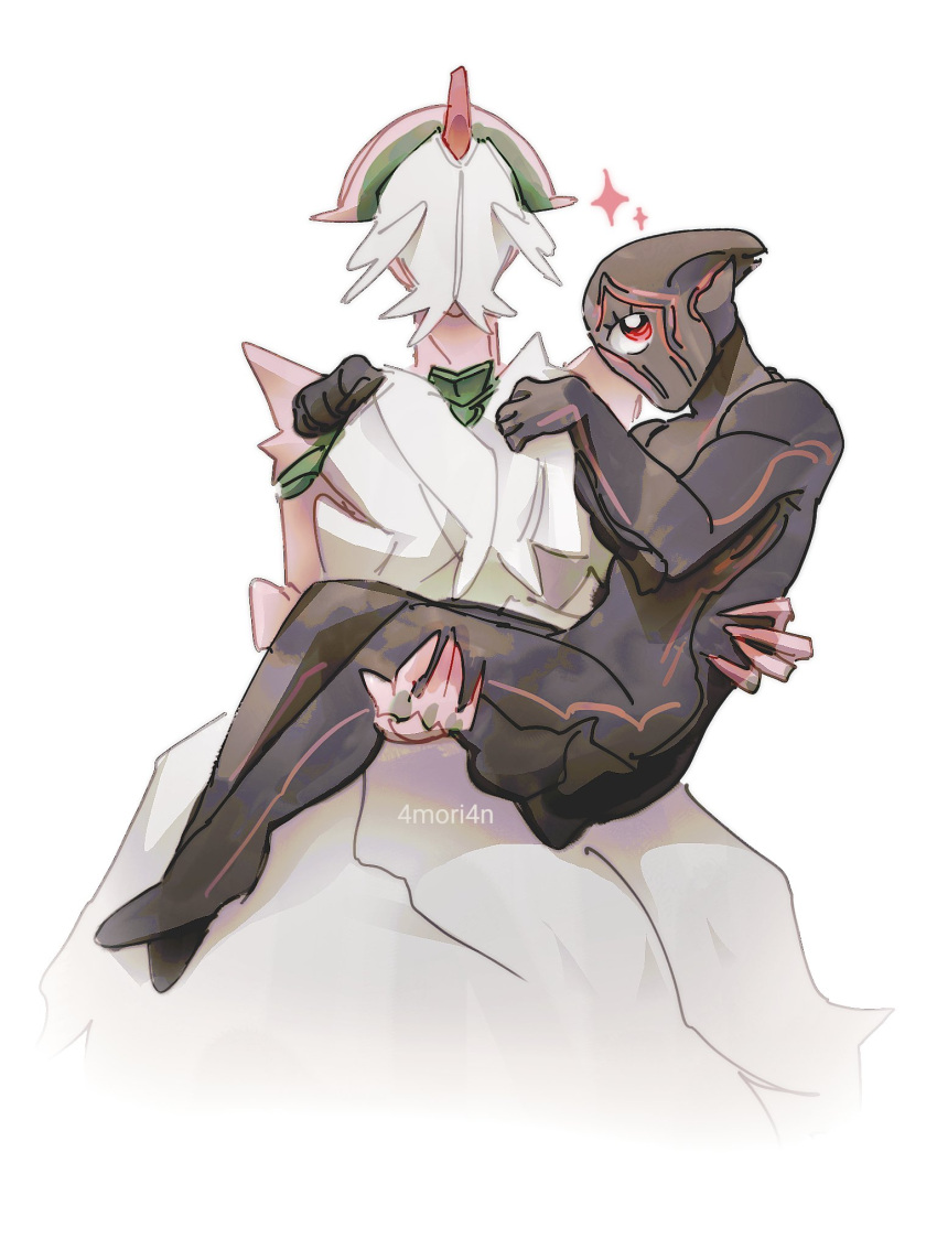 1boy, 1girl, 4mori4n, arm_around_shoulder, artist_name, biomechanical, carrying, carrying_person