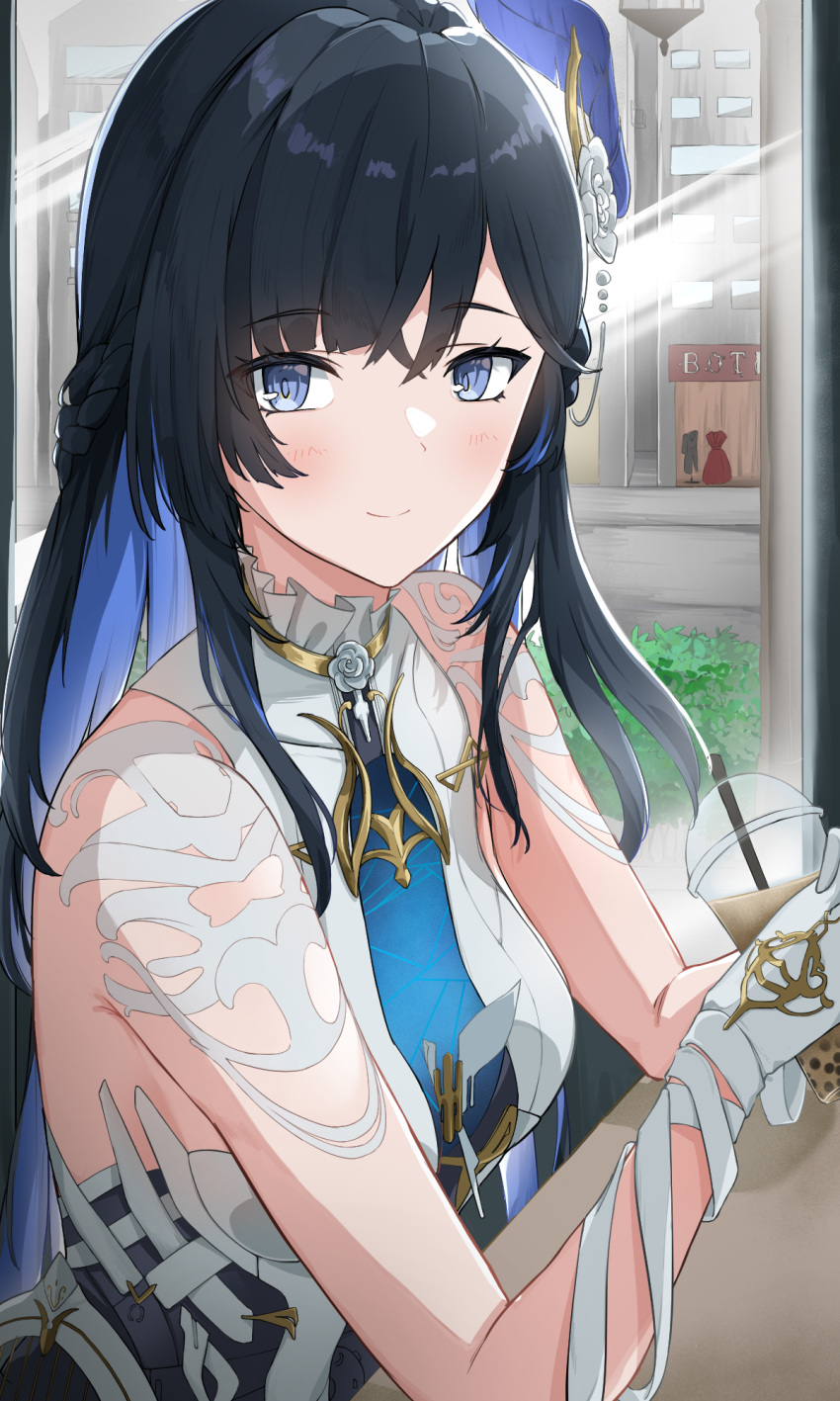 1girl, aikawa_yumi, bandaged_arm, bandages, black_hair, blue_eyes, blue_feathers, blue_hair