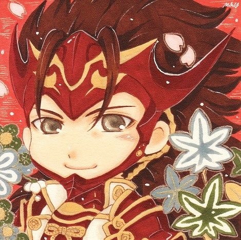 1boy, antenna_hair, armor, brown_eyes, brown_hair, closed_mouth, fire_emblem, fire_emblem_fates, gold_trim, happuri, japanese_armor, lowres, male_focus, petals, red_armor, red_background, ryoma_(fire_emblem), solo, white_petals, yukito_lin