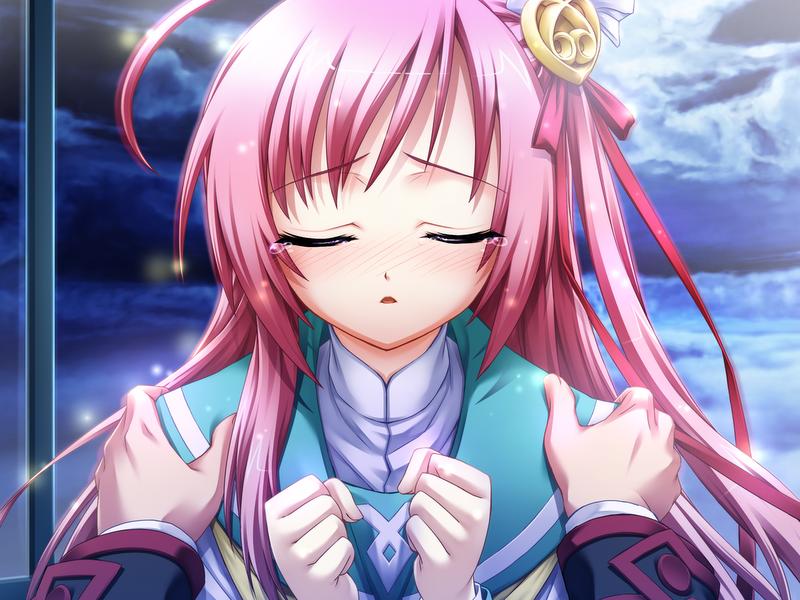 1boy, 1girl, clenched_hands, furrowed_brow, game_asset, hair_ornament, hair_ribbon, hands_on_another's_shoulders