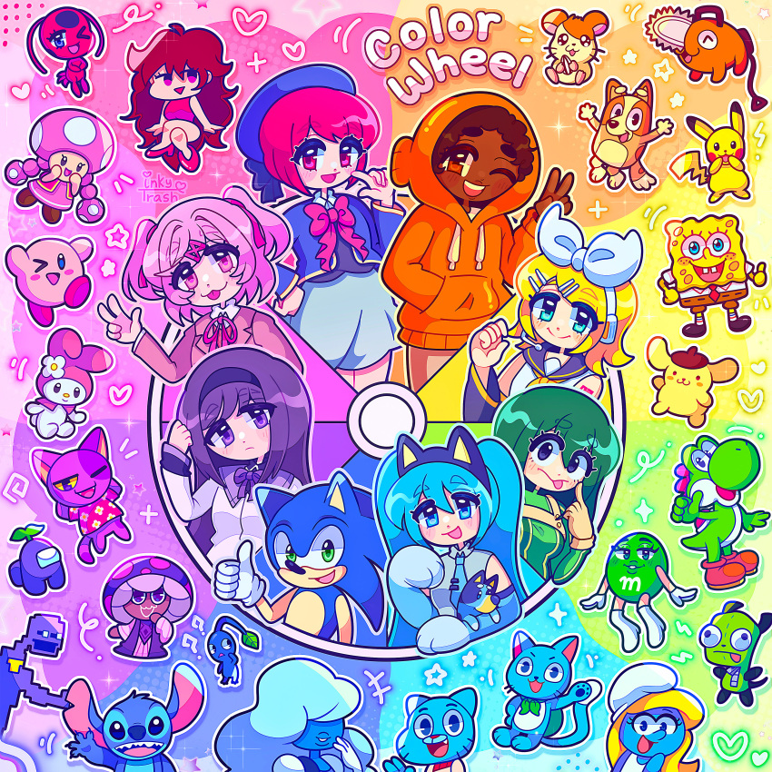 2boys, 6+girls, absurdres, akemi_homura, akemi_homura_(magical_girl), among_us, animal_crossing, asui_tsuyu