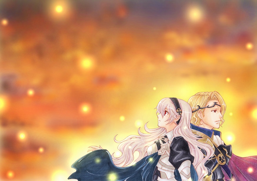1boy, 1girl, ascot, black_hairband, blonde_hair, blue_cape, cape, circlet