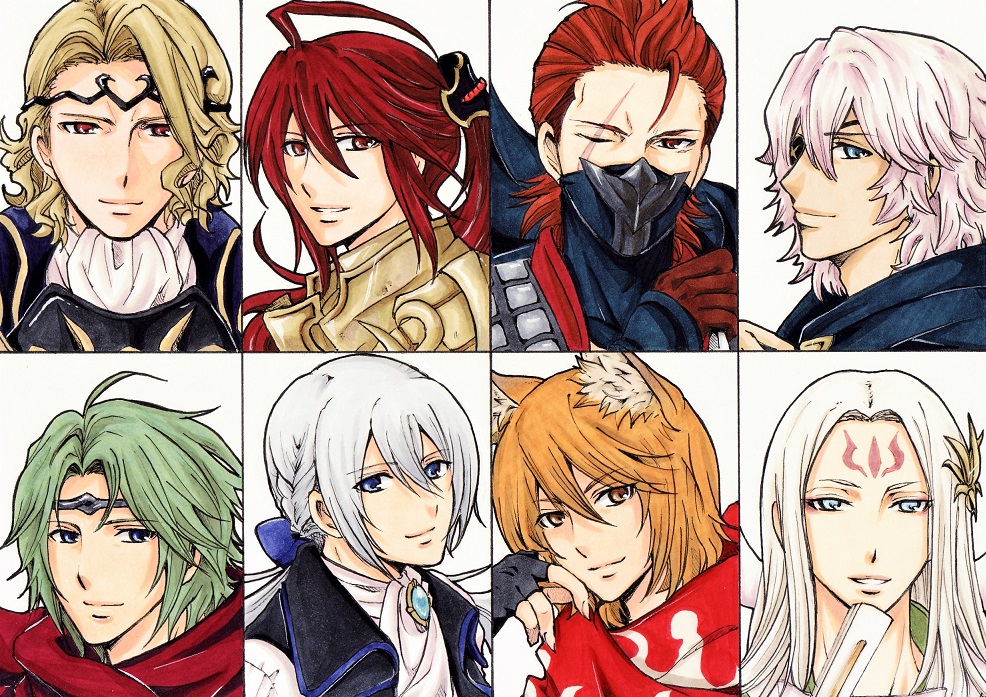 6+boys, ahoge, blonde_hair, blue_eyes, blue_gem, bow, circlet, commentary_request